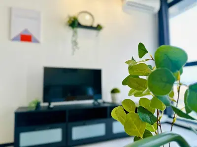 a living room with a television and a plant at World Class Apartment In Georgetown 3BR in Jelutong