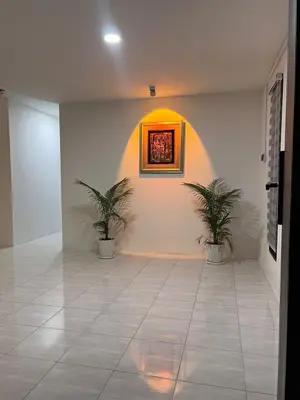 a room with two potted plants and a painting on the wall at 23 Inn Kingbed Room with Balcony in Bukit Mertajam