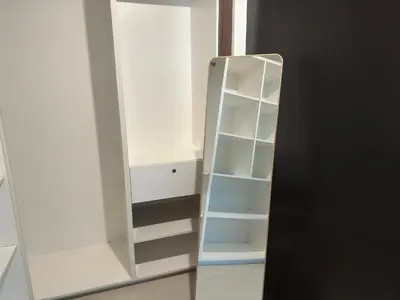 a closet with white shelves and a mirror at Landed House Gelugor 5BR 3B-20pax by 3C in Gelugor