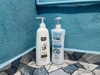 two bottles of bleach sitting next to a blue wall at Inap Desa R'Sawit Pintu B in Sekincan