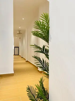 a hallway with white walls and green plants at The 6N by Sky Hive in George Town