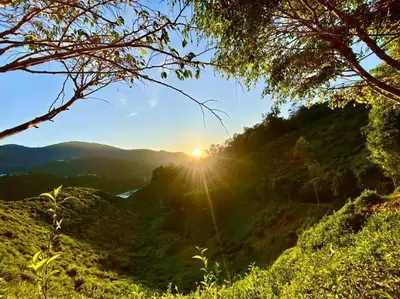 a view of the sun setting on a hill at TeaValleyView & FarmView - 3BR Cool Summer Cameron in Cameron Highlands