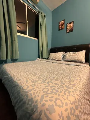 a bedroom with a large bed with blue walls at cozy,Bayan,lepas 4pax1car ParkSpiceAirPort domestic guest only in Bayan Lepas