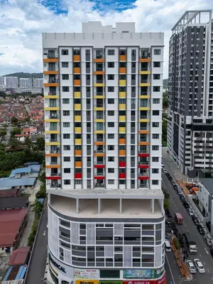 an overhead view of a tall white building with colorful windows at The Sun Executive #BayanLepas #QueensbayMall #8 in Bayan Lepas