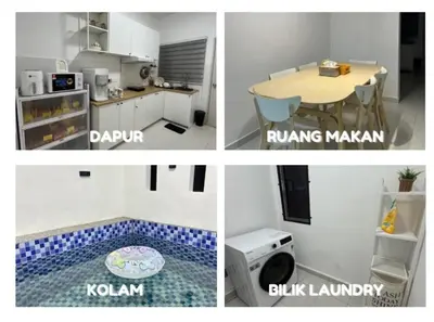 three pictures of a kitchen and a table in a room at KN Homestay in Butterworth