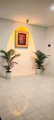 two plants in a room with a painting on the wall at 23 Inn Singlebed Room with share bathroom in Bukit Mertajam