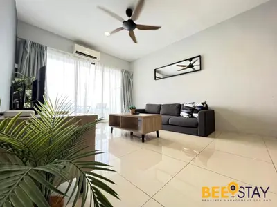 a living room with a couch and a ceiling fan at Ipoh City Centre Manhattan Condo Pool View NEW Unit in Ipoh