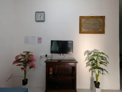 a living room with a tv and two potted plants at HOMESTAY IBUNDA Sabak Bernam in Sabak Bernam