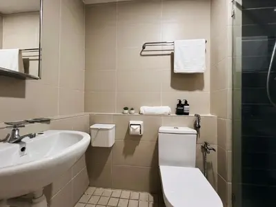 a bathroom with a toilet and a sink at Ipoh Lakeside Apartment with Mountain View in Kampong Batu Lapan