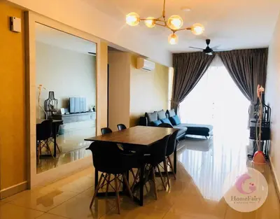 a dining room and living room with a table and chairs at The Majestic Condo Ipoh Home Fairy 5 in Ipoh