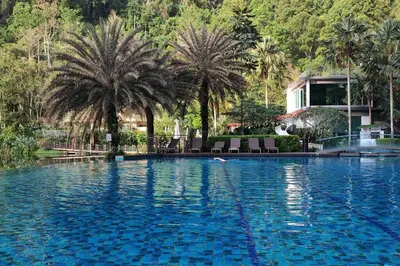 a large swimming pool with palm trees and a house at Magnificent Mountain & Lake Views' Suite Cycas in Kampong Batu Lapan