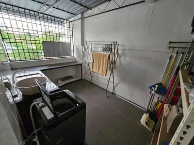 a bathroom with a sink and a window and a mirror at Near USM 6 pax, 2 Bedroom w Aircond, 2 toilet, 5G WIFI in Si Dua Besar