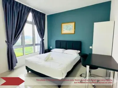 a blue bedroom with a bed and a piano at Anderson Heritage Suites - Ipoh in Ipoh