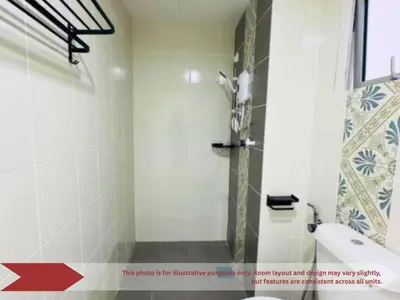 a bathroom with a shower with a red arrow at Anderson Heritage Suites - Ipoh in Ipoh