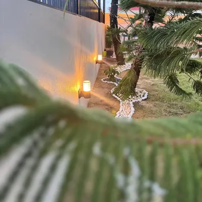 a garden with lights on the side of a building at Cozy Corner Home Alma Near AEON \u5927\u5c71\u811a\u6e29\u99a8\u6c11\u5bbf in Bukit Mertajam