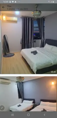 two pictures of a bedroom with a bed and a window at Crystal Creek Taiping in Taiping