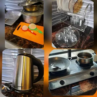 a collage of photos of a stove with a pot and pans at Ipoh Buntong Corner homestay in Ipoh