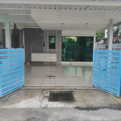 an empty building with blue doors and a bathroom at WeJDAN TWO POINT O WHOLE HOUSE BUT BUDGET PARTIAL BOOKING 2ROOMS 2BATHROOMS AND NEVER MIX WITH OTHERS AND YOUR TEAM ONLY BALIK PULAU, PENANG ISLAND in Balik Pulau