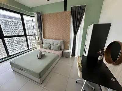 a bedroom with a bed and a large window at High Floor, 3BR 3queen bed, 2 parking, Urban Suites by XWHome in Jelutong