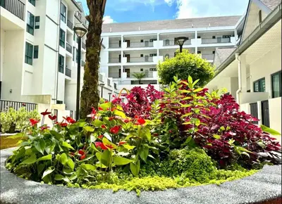 a garden of flowers in front of a building at Hello Kitty HomeStay - Cameron Highlands - Spacious Studio - Perfect for Families - Sleeps 4 and Baby in Tanah Rata