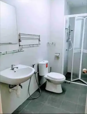 a bathroom with a toilet and a sink and a shower at daisy apartment homestay taiping in Taiping