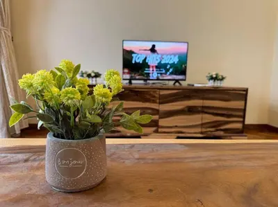 a vase with flowers sitting on a table with a tv at Sweet Cozy Marina Suite at Straits Quay in Tanjong Tokong