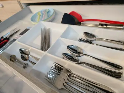 a white tray with silver utensils on a table at NEW Sunrise Gurney with SEAVIEW \u65e0\u654c\u65e5\u51fa\u6d77\u666f in George Town