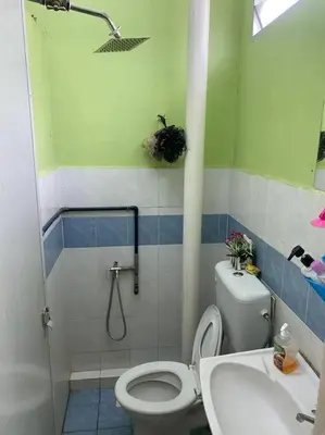 a small bathroom with a toilet and a sink at Brite Homestay Nibong Tebal in Kampong Telok