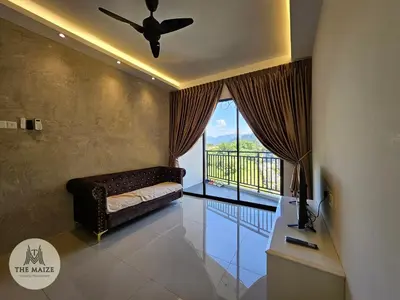 a living room with a couch and a ceiling fan at The Cove Hillside Residence Ipoh - Nostalgic Terracotta in Ipoh