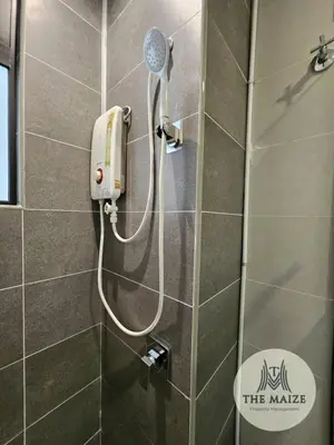 a shower in a bathroom with a blow dryer at The Cove Hillside Residence Ipoh - Nostalgic Terracotta in Ipoh