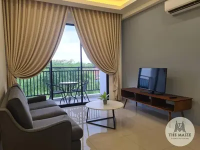 a living room with a couch and a tv and a balcony at The Cove Hillside Residence Ipoh - Elegance Parisian in Ipoh