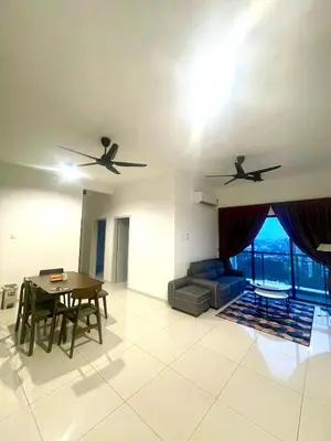 a living room with two ceiling fans and a table at The Horizon Ipoh 3BR ORCHID - by Goswell in Ipoh