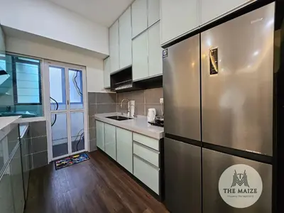 a kitchen with a stainless steel refrigerator and a window at The Cove Ipoh - Blissful Abodes in Tambun