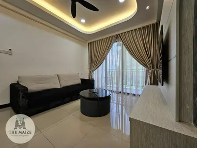 a living room with a bed and a window at The Cove Ipoh - Blissful Abodes in Tambun