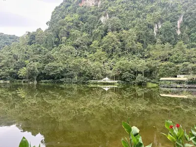 a lake in front of a mountain with trees at Ipoh lakeside Suite Ipoh 4pax in Ipoh