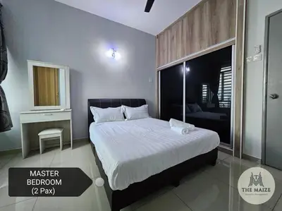 a bedroom with a bed with a large window at Cozy Nest - Sky Garden Residence Ipoh in Chemor