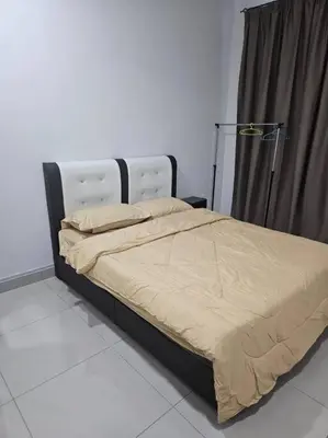 a bed in a room with a bed frame and curtains at Mysa at Meru Ipoh in Ipoh