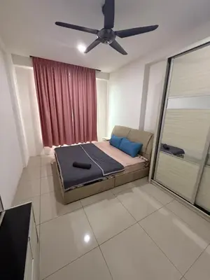 a bedroom with a bed and a ceiling fan at Casa Kayangan Meru Ipoh 3BR DAISY -by Goswell in Ipoh