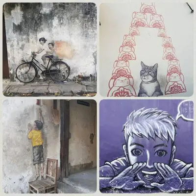 a collage of pictures with a boy and a cat and a painting at Heritage Loft on Beach Street near UNESCO Zone & Street Art 3 in George Town