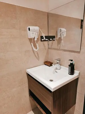 a bathroom with a sink and a mirror at The Palm Suite at Lava Mansion in George Town