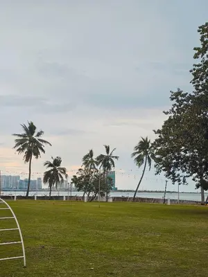 a park with palm trees and the ocean in the background at The Palm Suite at Lava Mansion in George Town