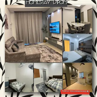 a collage of four pictures of a living room at Rumah teres untuk keluarga in Tanjung Rambutan