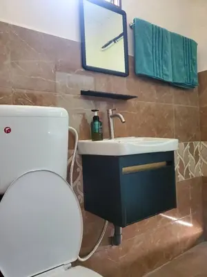 a bathroom with a sink and a toilet and a mirror at Inap Desa Fajar Saujana in Baling