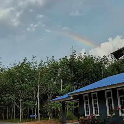 a house with a blue roof in front of trees at MKF Homestay Padang Stang, Gerik in Gerik