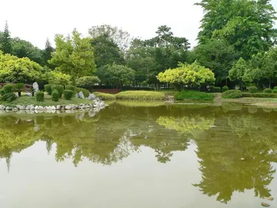 a pond in a park with trees in the background at WW Hotel Ipoh in Ipoh