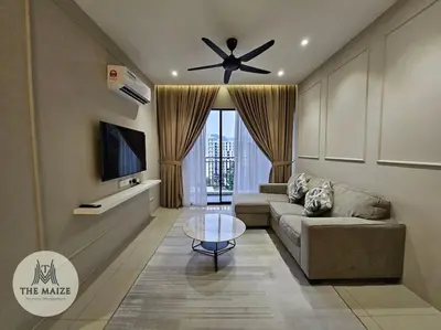 a living room with a couch and a ceiling fan at The Cove Hillside Residence Ipoh - Downtown Delight in Ipoh
