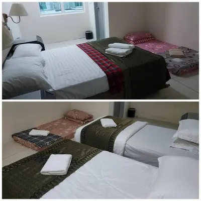 two pictures of two beds in a room at Rest House Pearl Tropika in Simpang Ampat