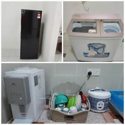 two pictures of a kitchen with a microwave and a refrigerator at Rest House Pearl Tropika in Simpang Ampat