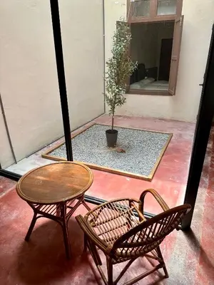 a patio with two chairs and a table and a potted plant at Melayu Villa by Aayu - 8 mins walk to Armenian St in George Town