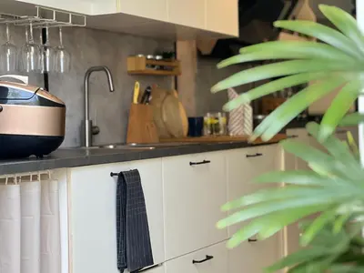 a kitchen with white cabinets and a sink and a plant at GardenView Home in Sungai Petani in Sungai Petani